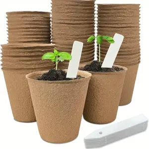 50 Pack Biodegradable Seedling Pots, Classic Style, 3.15 Inch Diameter, Includes 10 Plant Labels, Lightweight Durable Growing Tray for Vegetables & Herbs