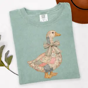 Comfort Colors Faux Patchwork Grandmacore Goose T-Shirt Easter graphic Tee, floral retro coquette duck T-Shirt, Cottagecore Gingham Spring Tee