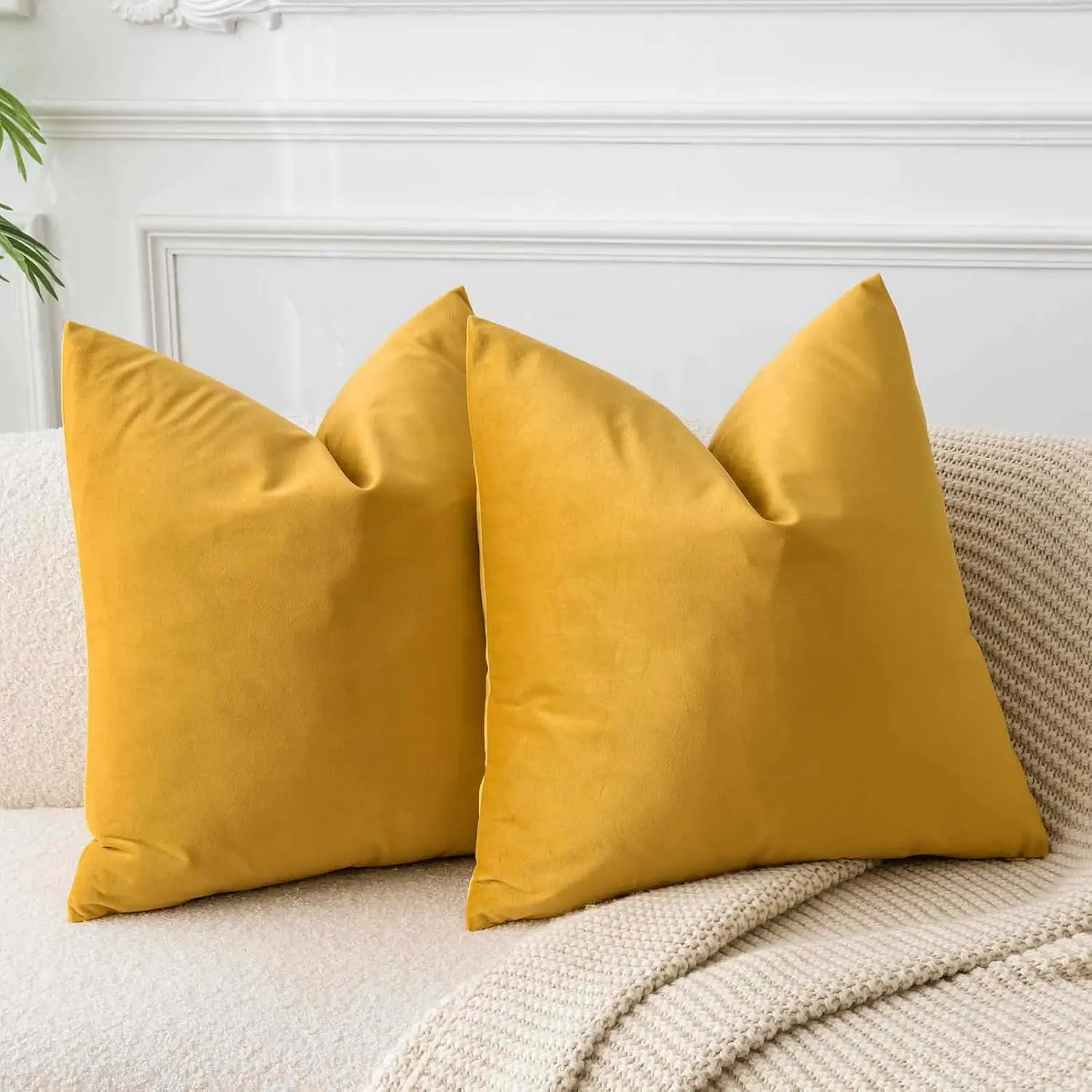 Decorative Velvet Throw Pillow Covers 20x20 Set of 2,Gold| for Couch Bed Sofa Chair Living Room Bedroom,Decor,Invisible Zipper,Cozy Soft Square Cushion Covers