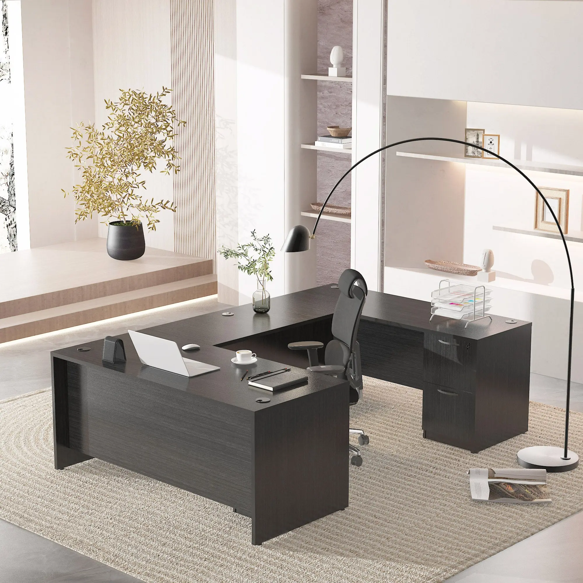 Modern U-Shaped Executive Office Desk with Locking File Cabinet and Cable Management | 25mm Commercial-Grade Board