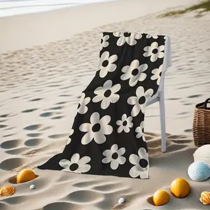 1PC Floral Beach Towel  Soft Black  White Daisy Print  Modern Rectangular Swim Towel  Perfect for Swimming Camping  Travel