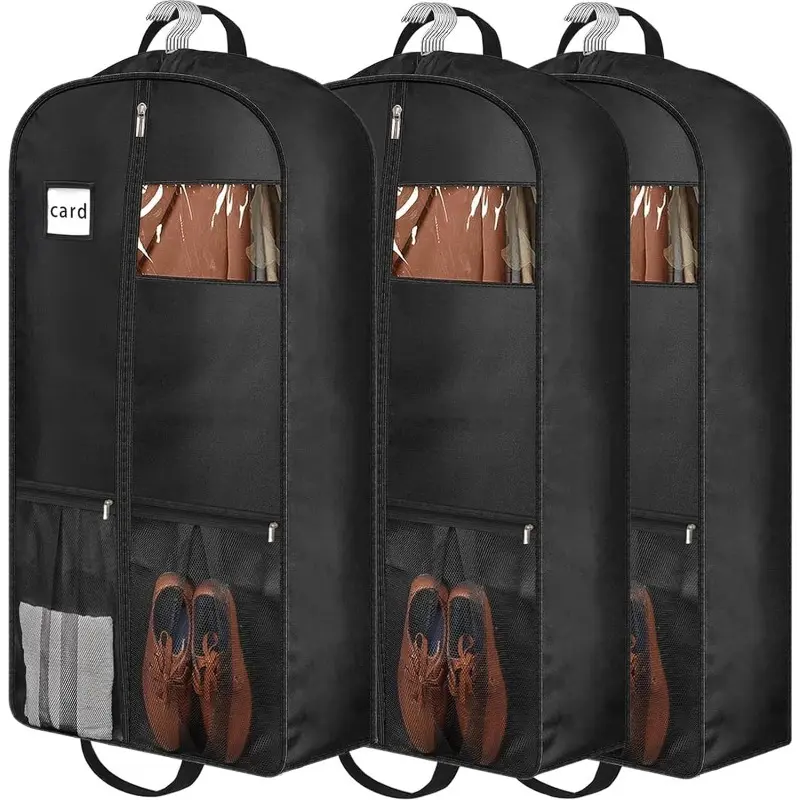 3pc Garment Storage Bags with Zipper Closure - Fabric Suit Covers with Dual Handles, Pocket, Clear Window, and Dustproof Design - Protective Clothes Organizer for Suits, Dresses, Coats - Travel Companion, Protector Cover, Portable Covers, Dustproof Cover