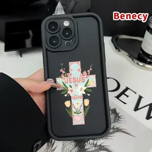 Phone Case for iPhone 17 Pro Max 16 Plus 15 14 13 12 11 Air E  Easter Cross Bloom Pattern Anti-Scratch Shockproof TPU Bumper Drop-proof Cover Cellphone Protective Casing