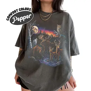 Vintage  Moose Bear Wolf Deer Nature Comfort Colors, Retro Wildlife Shirt, Moon Forest Wolf Shirt, Rustic Outdoor Gift, Top Menswear Womenswear Streetwear Tee