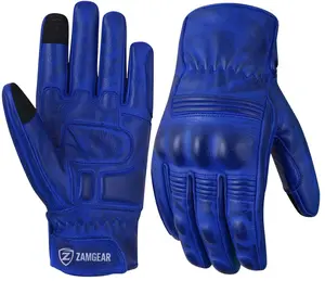 ZamGear Blue Leather Gloves – Knuckle Protection, Touchscreen & Padded Palm