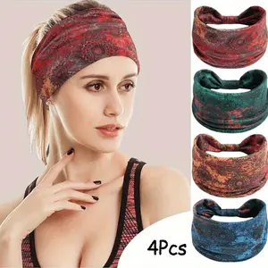 4pcs Fashion Boho Headbands, Soft Fabric, Non Slip Elastic Headwrap, Knotted Wide Hair Bands, Workout Sport Sweat Turban, Stylish Hair Accessories for Women tiktokshopspringglowup