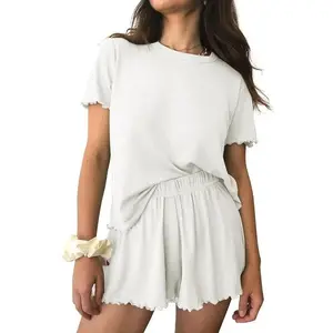 Womens Pajamas 2 Piece Ribbed Knit Pjs Short Sleeve Sleepwear Set Summer Soft Pajamas Set Casual Lounge Sets Clothes Loungewear