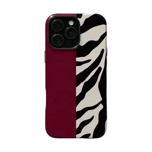 Zebra Print Designer Case For iphone 17 pro case iphone 16 pro max case 15 14 13 12 11 & Samsung S25 S24 S23 Ultra Fe – Burgundy Red & Black Luxury Split Shockproof Phone Cover