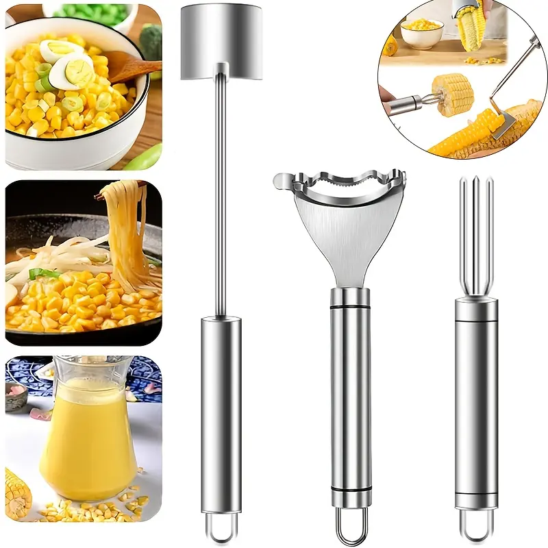 Stainless Steel Corn Thresher Set (2PC/3PC) - Durable Kitchen Cooking Utensil with Corn Cob Kernel Remover, Peeler, Holder, Wheat & Vegetable Fruit Cutter for BBQ, Stainless Steel Corn Thresher Set 3Pc, Slicer Vegetable Cutter