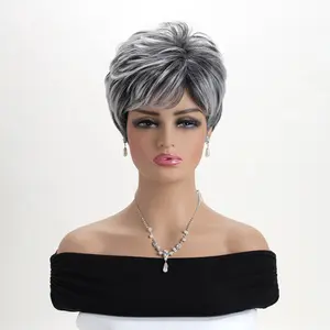 Women's wigs, women's Brazilian gray wigs| Salt and pepper gray, short straight 6-inch layered gray hair, glue-free rose net cap, 150% density (suitable for professional stylists)| No hair loss/no tangling