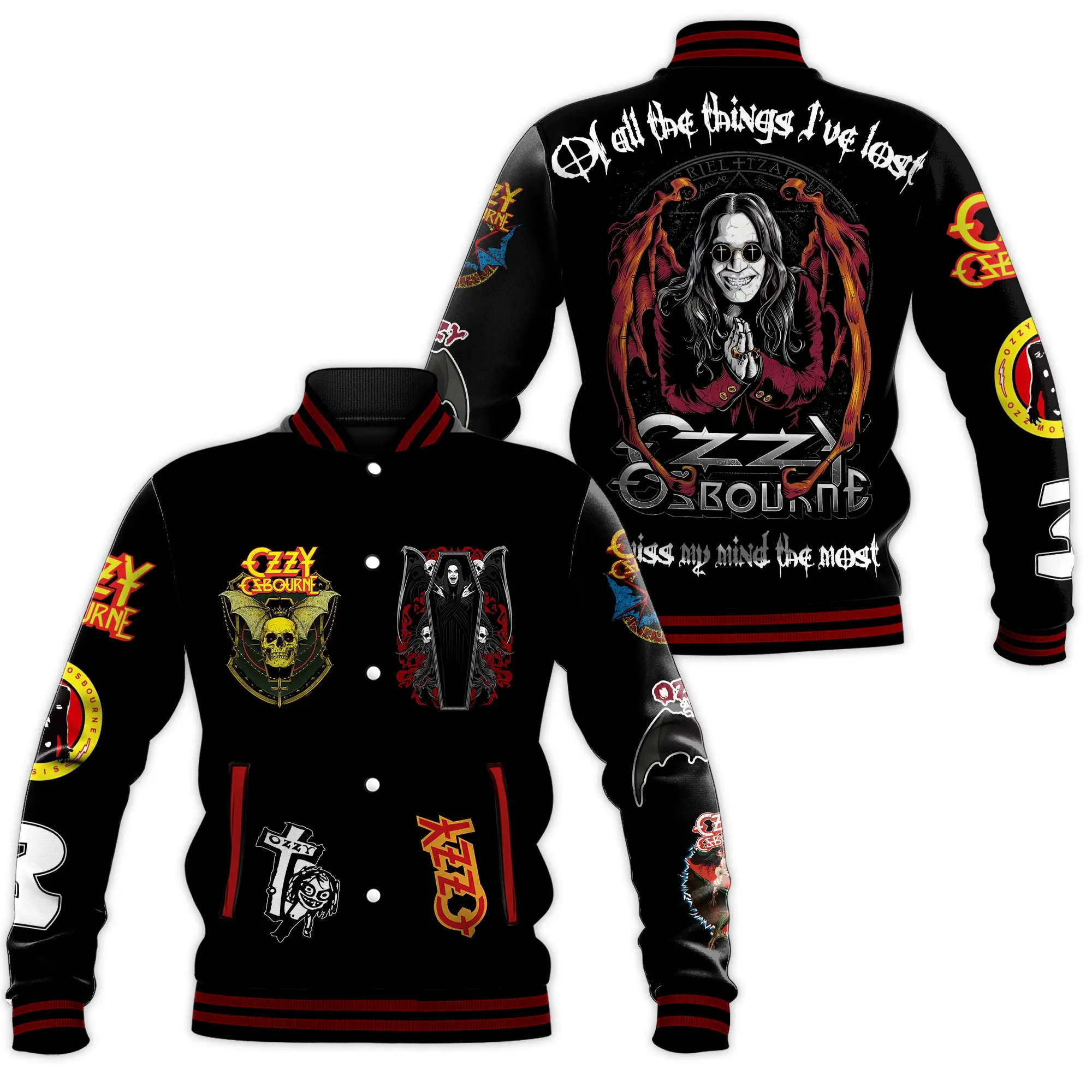 Heavy Metal Ozzy Osbourne Graphic Bomber Varsity Jacket Vintage Gothic Skull Bat Wing Print Oversized Casual Sports Outerwear Coat For Fall Winter Spring Daily Outfit Fashion Clothes