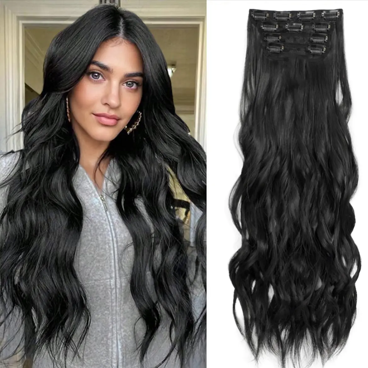 Wireless wearable,16/20/24 Inch Invisible Thread Synthetic Hair Extensions Size 4 Safety Clips Four-Piece Set Long Wavy Wigs for Women Black Heat Resistant Up to 180°C crimped  wigs extensiones  largas
