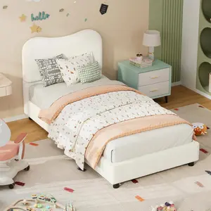 Twin Toddler Bed Frame for Kids, Velvet Upholstered Headboard, Cute Low-Profile Platform Bed, No Box Spring Needed, Strong Wooden Slats, Noise-Free, Quick Setup, White