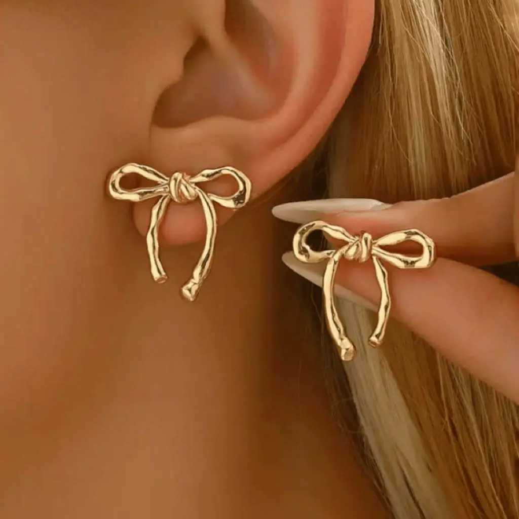 Golden bow earrings, glossy earrings for pierced ears, daily wear gifts for women