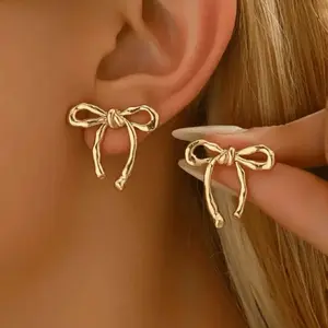Golden bow earrings, glossy earrings for pierced ears, daily wear gifts for women