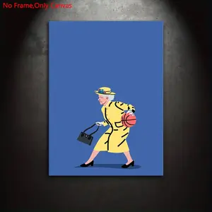 1 Piece/Set Frameless Canvas Painting Print Poster,Classic Retro Abstract Minimalist Humor Funny Playful Pop Art,Basketball Queen Elizabeth II,Perfect Gift for British Royal Family Fans,Bedroom,Study,Office,Living Room,Dorm Hallway,Mural,Wall Decoration