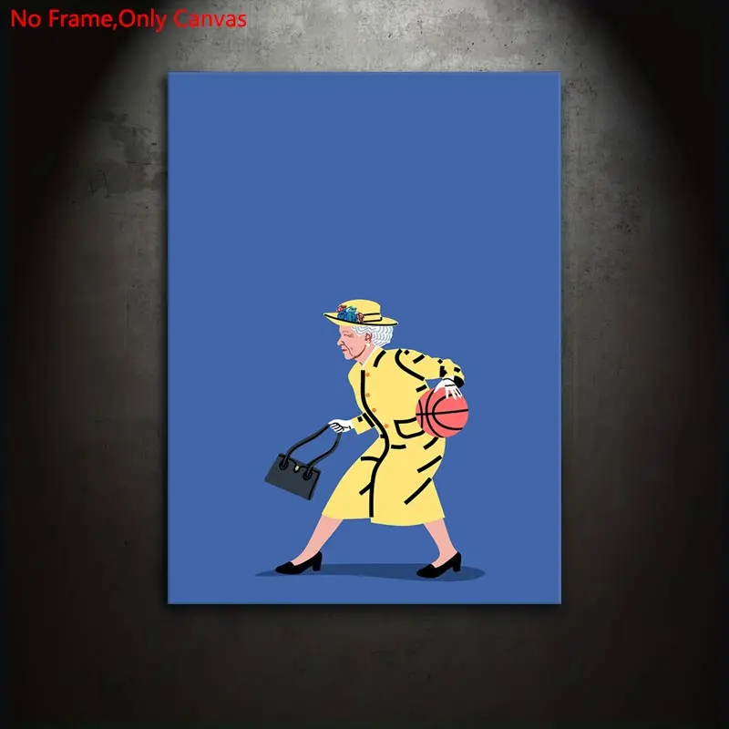 1 Piece/Set Frameless Canvas Painting Print Poster,Classic Retro Abstract Minimalist Humor Funny Playful Pop Art,Basketball Queen Elizabeth II,Perfect Gift for British Royal Family Fans,Bedroom,Study,Office,Living Room,Dorm Hallway,Mural,Wall Decoration