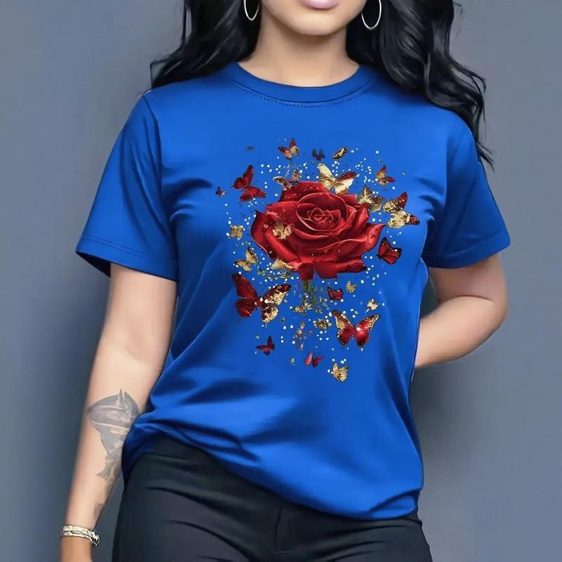 100% Cotton Women's Casual Short Sleeve Round Neck T-Shirt - Vibrant Purple Butterfly and Rose Pattern Print, Medium Stretch Machine Washable Top, Spring Summer Women's T-Shirt, Comfortable Fit Shirt