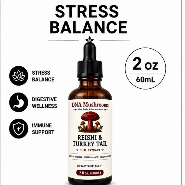 Reishi-Turkey Tail Mushroom Liquid Tincture, Natural Antioxidant-Rich Herbal Dietary Supplement for Adults, Gluten-Free, Lactose-Free, Immune Boost Support