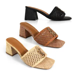 IRENE-3 ALMOND OPEN TOE WOVEN RAFFIA MULE W/CHUNKY HEEL