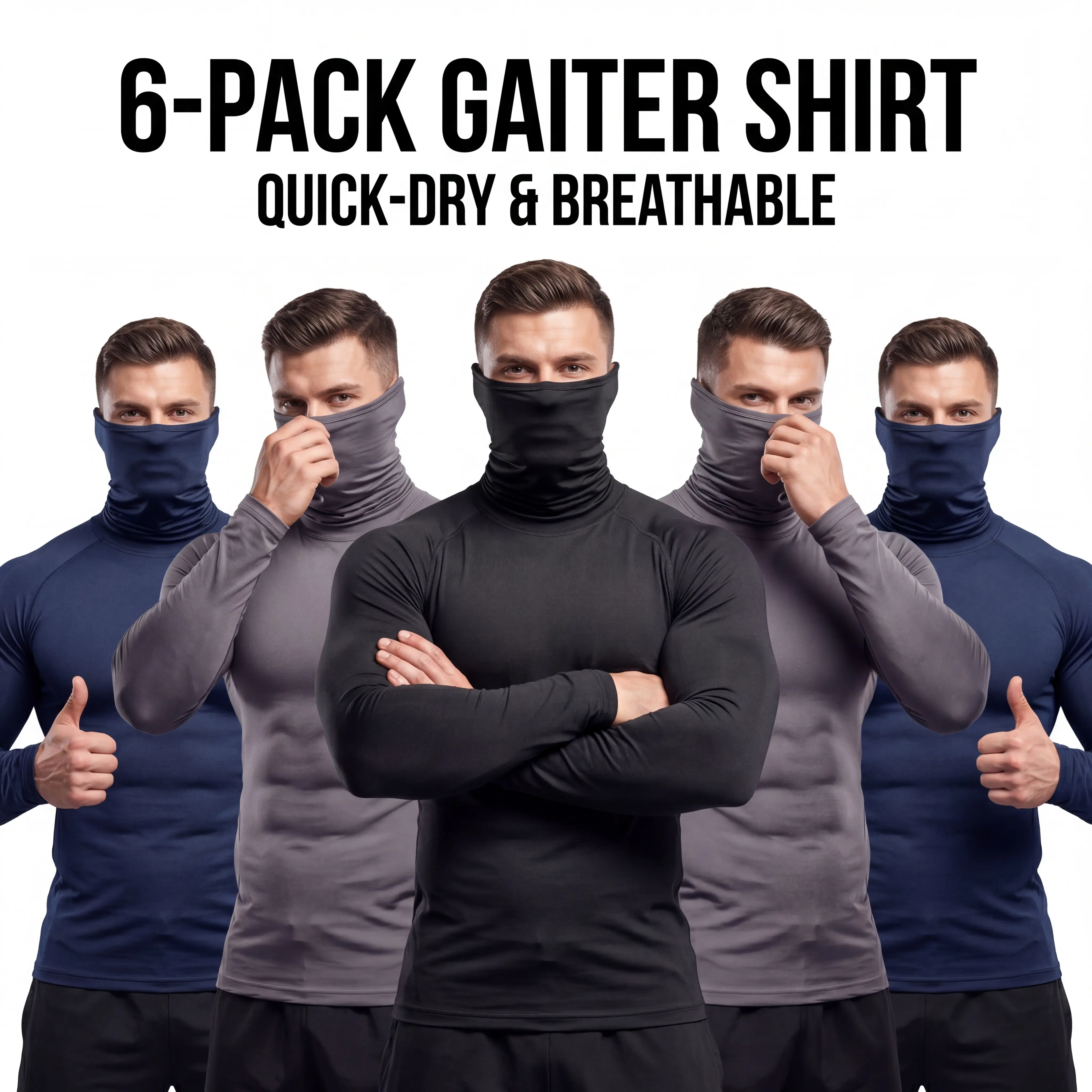 Men's 6-Pack Mockneck Masked Quick-Dry Long Sleeve Athletic Apparel - Fishing & Outdoor Workwear, Outdoors, Built-In Mask Shields Face, Machine Washable, Easy Care, Breathable Mesh Men's Sports Sweatshirt, Mesh Fabric Men's Sports Sweatshirt