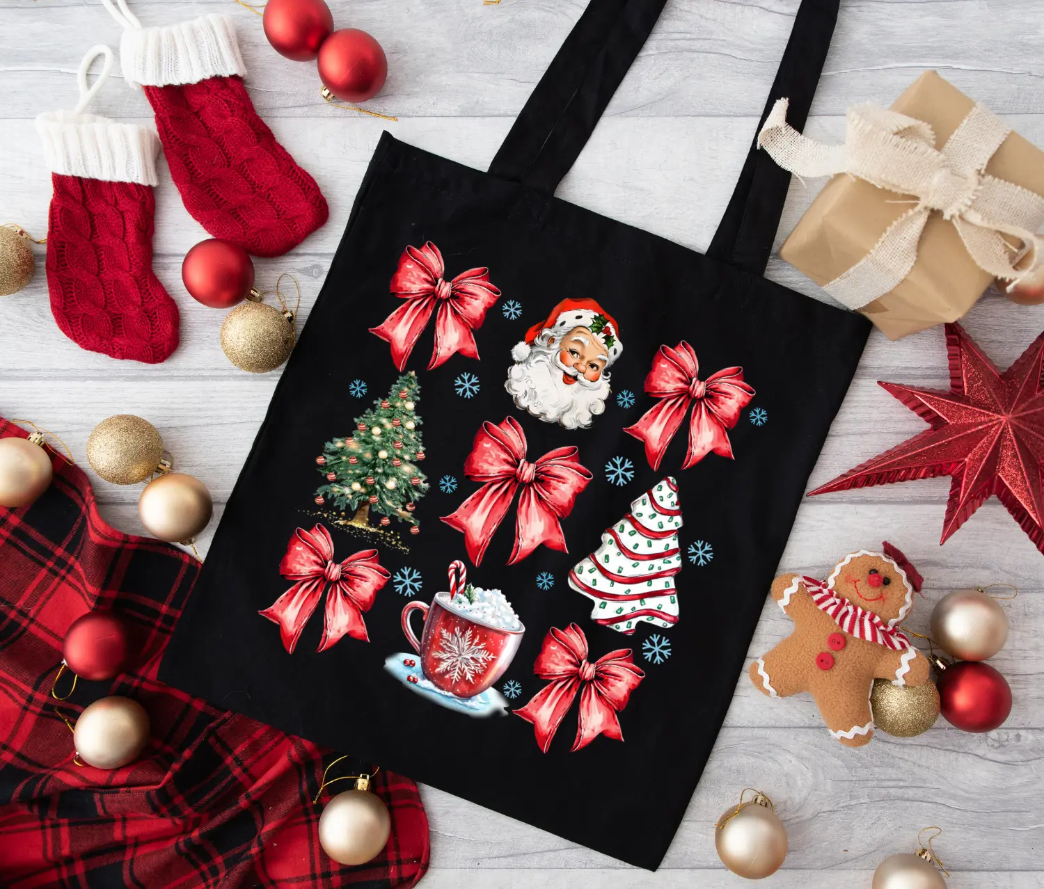 Coquette Christmas Tote, Cotton Canvas Holiday Tote Bag