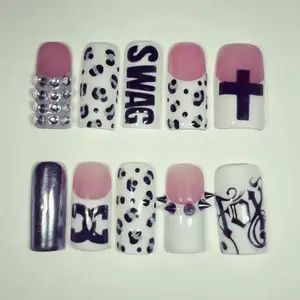 Y2K Swag Leopard Cross Press On Nails, Pink White Emo Nail Set