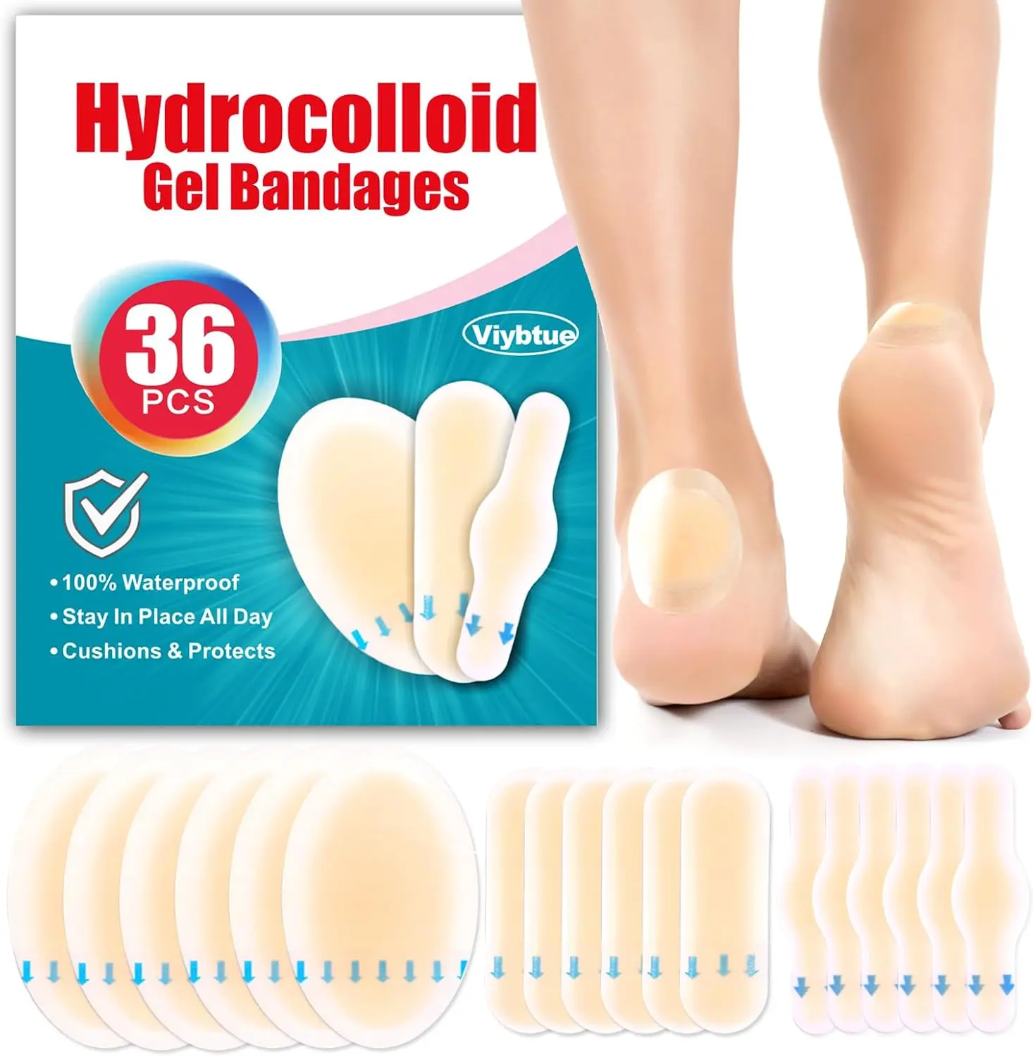 36PCS Hydrocolloid Blister Bandages – Blister Bandages for Feet, Blister Prevention & Recovery – Waterproof Blister Pads & Blister Cushions for Heel, Toe & Foot