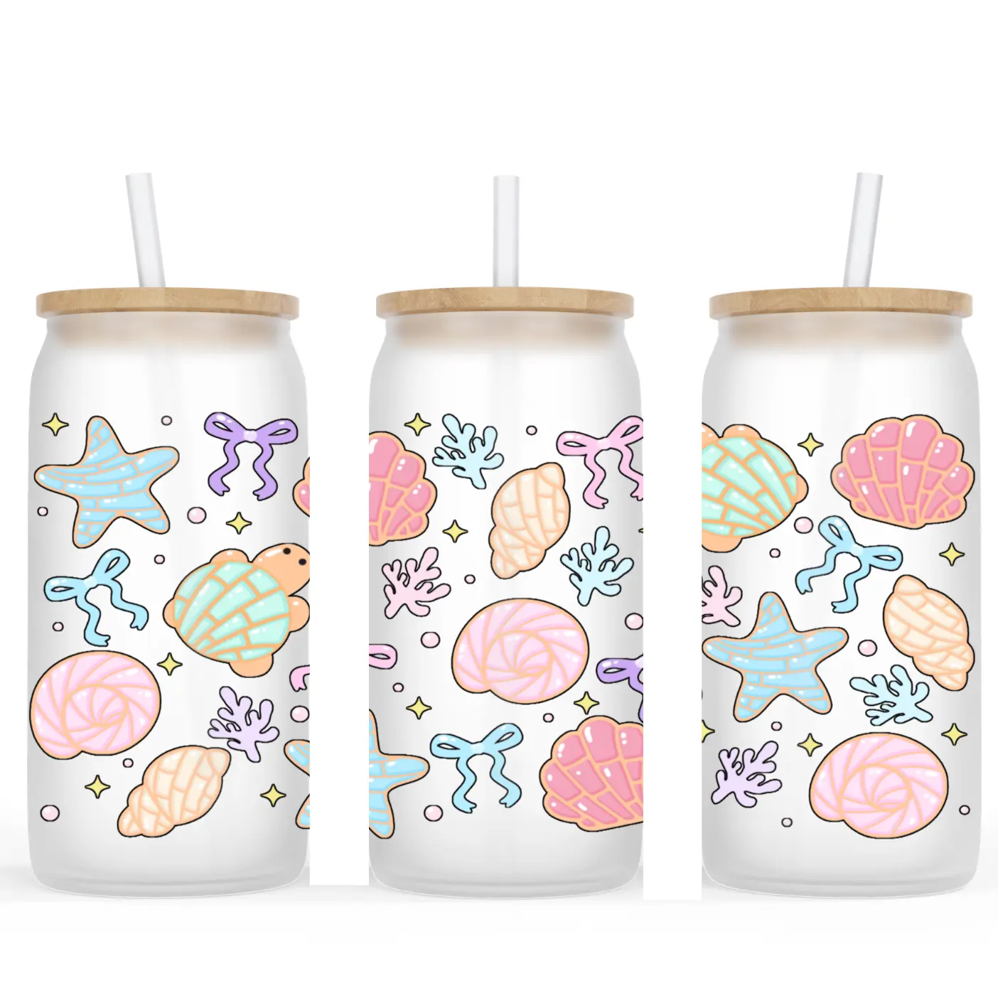 Summer Seashells Frosted Glass Cup With Bamboo Lid and Reusable Straw. Sizes 16oz or 20oz Available.