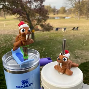 Articulated Santa Hat Walrus Cute Straw Toppers and Charms for Stanley Tumbers & 9.5mm Straws with Durable PLA Design - Stylish, Beverage