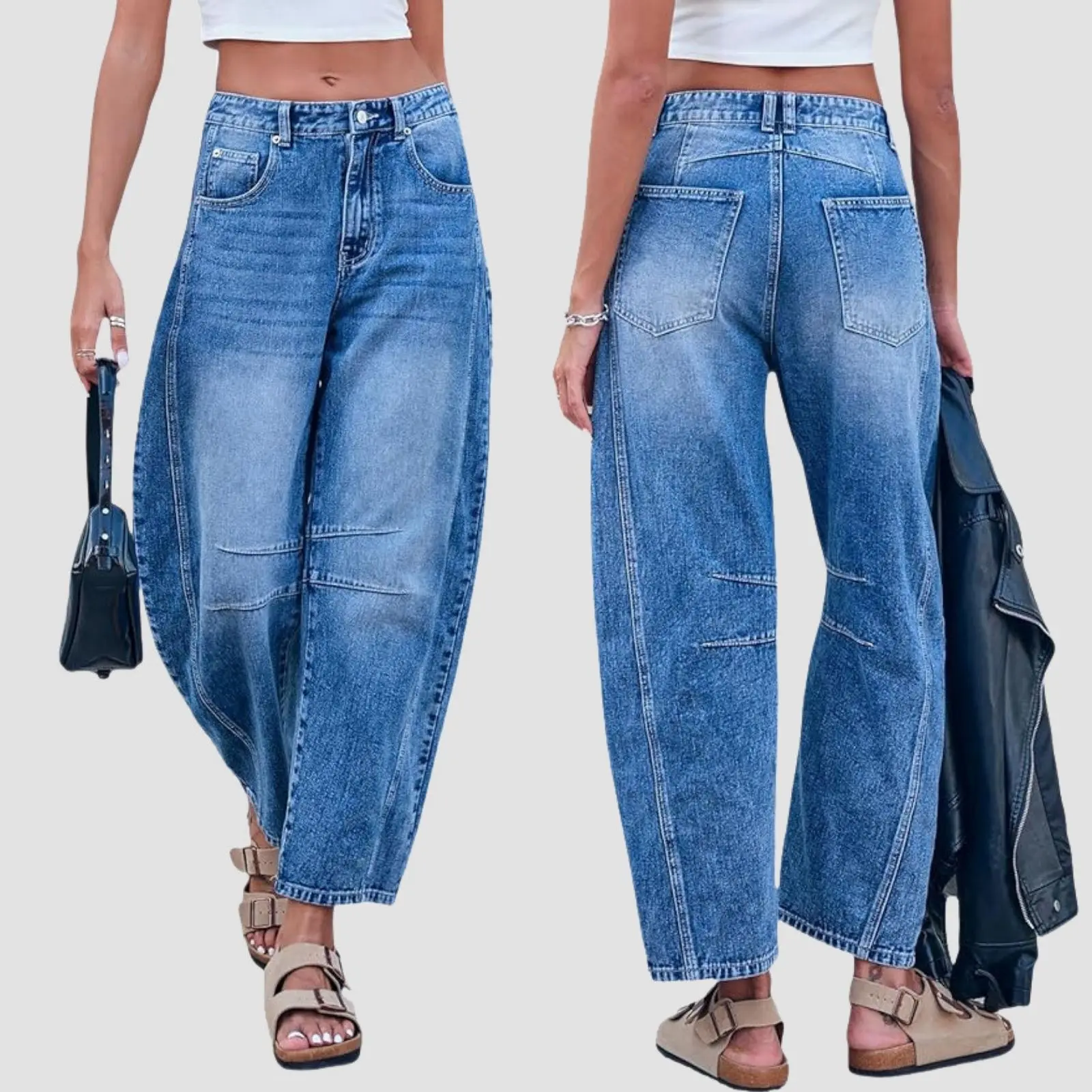 Women's vintage loose 9/10 casual denim jeans with split seams and a curved hem