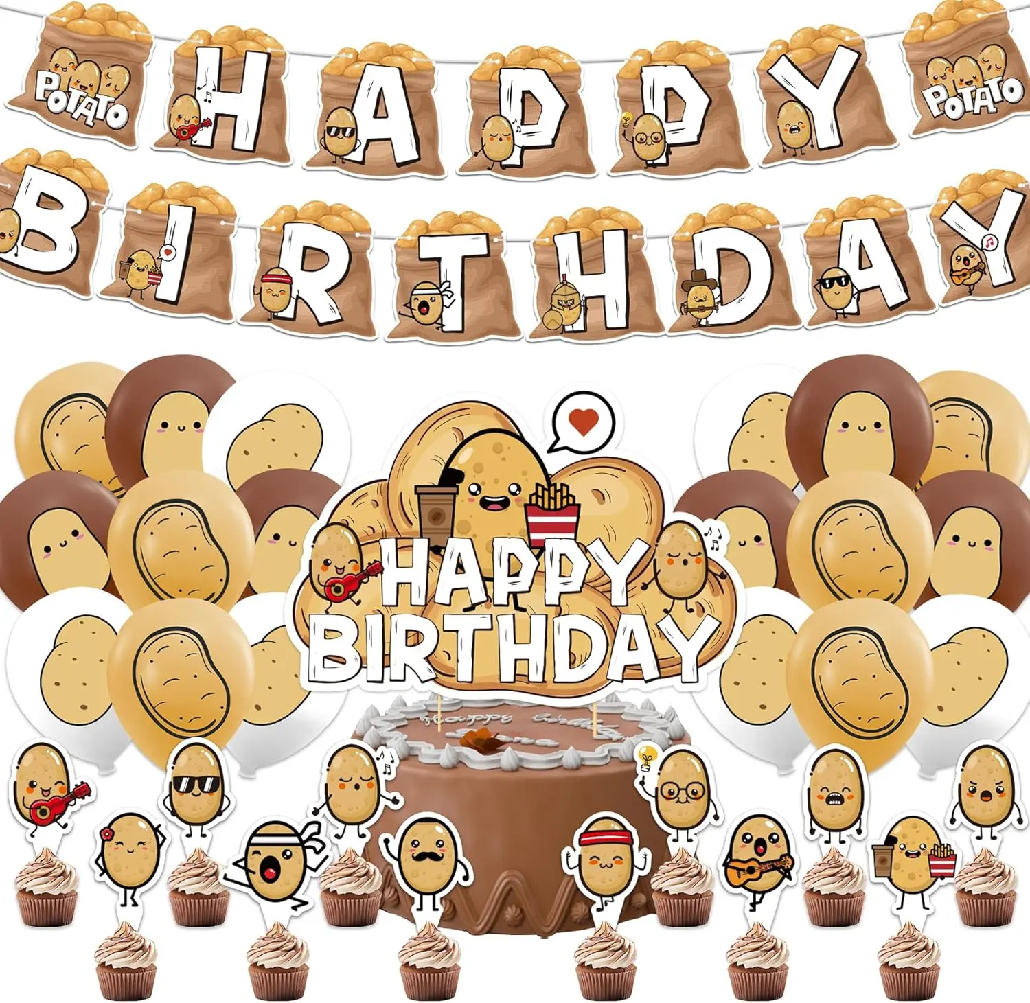 Potato Party Supplies Cartoon Potato Birthday Party Decorations Includes Potato Happy Birthday Banner Cake Topper Cupcake Toppers Balloons for Potato Birthday Party Baby Shower Decorations