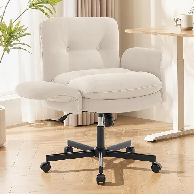 [SummerVibes] Vabches Criss Cross Chair with Adjustable Flip-up Arms,Thicken Wide Seat Home Office Chair,Lounge Makeup Vanity Chairs with Side Pockets,Comfy Cross Legged Desk Chair