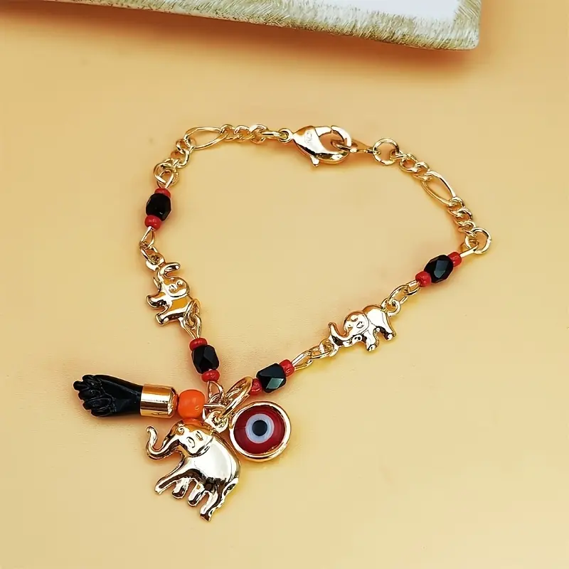 Women's Bohemian Beaded Bracelet, Layered Alloy Stackable Set with Multicolor Elephant and Evil Eye Charms, Adjustable, Stackable Bracelet, Beads, Bohemian Charm, Unisex, Adjustable Size, Ethnic, Casual, No
