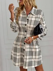 A women's apriko check lapel waist slimming A penum dress is versatile in autumn and winter, Casual Boho Chic Dress