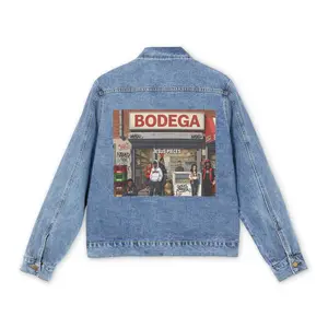 "JESUS PIECES Urban Bodega Themed Men's Denim Jacket, Casual Streetwear, Vintage Style, Perfect for Gifting, Everyday Wear, Unisex Fashion