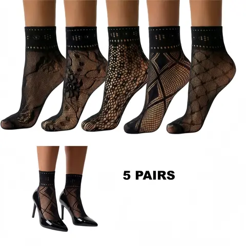 Women's 5 Pack Patterned Lace Anklet Socks - Elegant Lace Design with Ruffled Trim Detail for Comfort & Style Womenswear Everyday Feminine