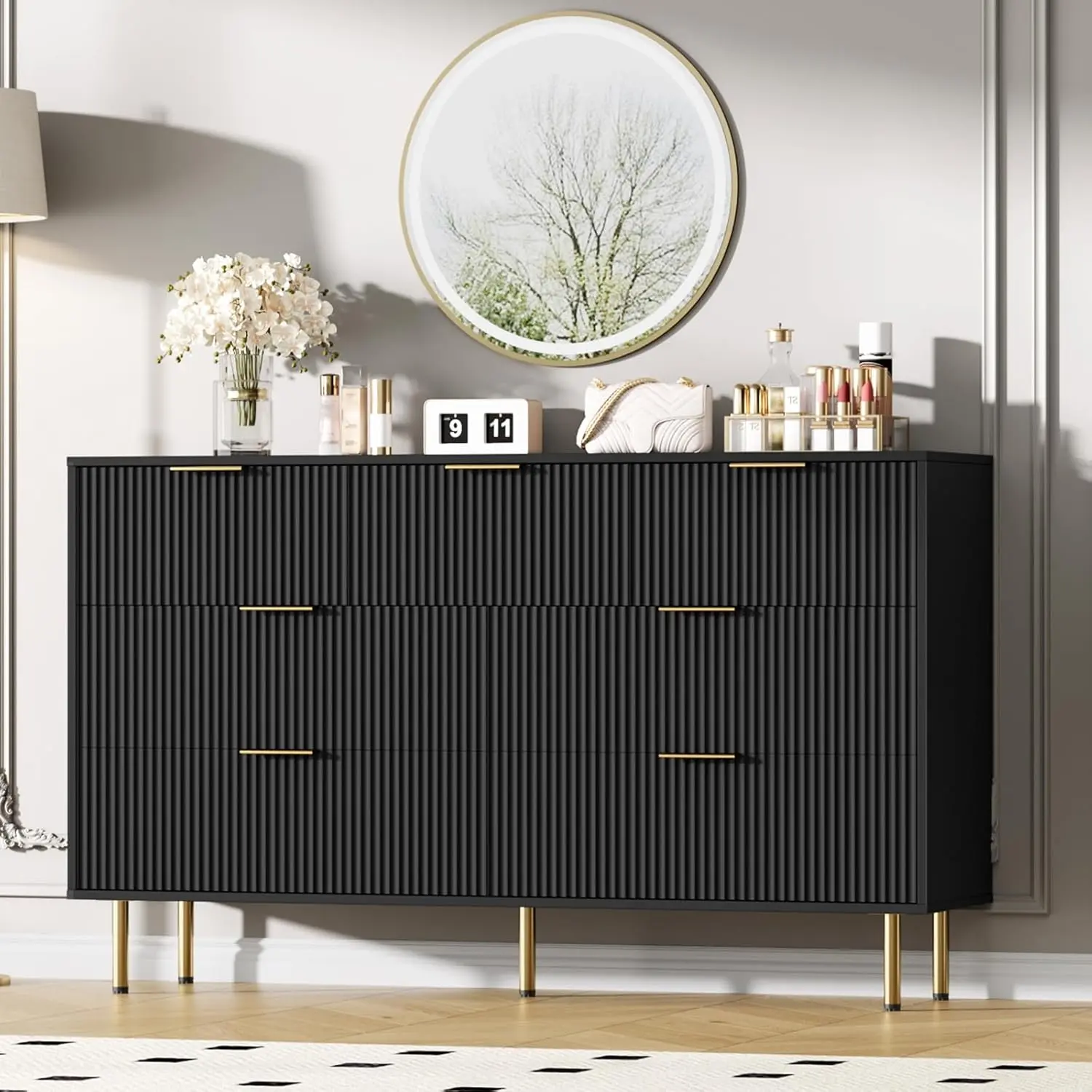 6-Drawer Black Fluted Finish Wooden Dresser with Gold Handles - Large Modern Sturdy Dressers, Natural Wood Furniture with Ample Storage, Organizer for Bedroom, Living Room - TikTok Shop 6-Drawer Black Fluted Finish Wooden Dresser with Gold Handles - Large Modern Sturdy Dressers, Natural Wood Furniture with Ample Storage, Organizer for Bedroom, Living Room - TikTok Shop