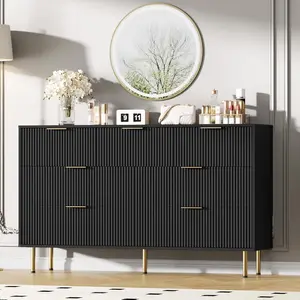 Black Fluted Wood 6 Drawers Dresser for Bedroom - Large Modern Chest of Drawers - Black Dresser with Gold Handle - Wood Drawer Organizer for Bedroom/Living Room/Hallway/Entryway