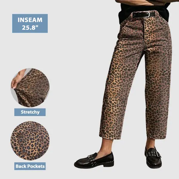 Flamingals Leopard Print Seam Detail Mid Rise Straight Leg Crop Pants Stretchy 25.8" Inseam