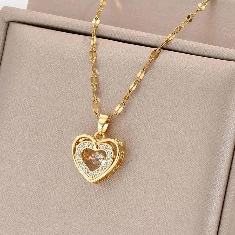 Women's Gold Plated Heart Shaped Pendant Necklace - Sparkling CZ Necklace, Fashion Design, for Work, Party, Chic Cute Necklaces, Gold Embellished Necklaces