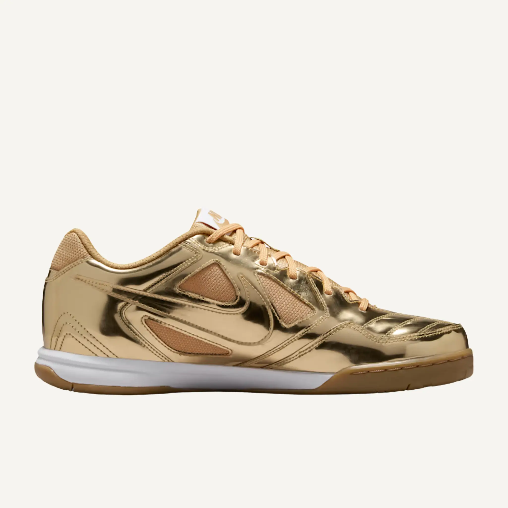 Nike Men's Gold Gato LV8 Indoor-Court Sneakers - Rubber, Breathable Textile Panels, Gum Light Brown, IB3566-700 (No Lid), Metallic Overlays, Street Role, Thicker Foam Midsole, Male Wear, Futsal Shoes, Us Sizes
