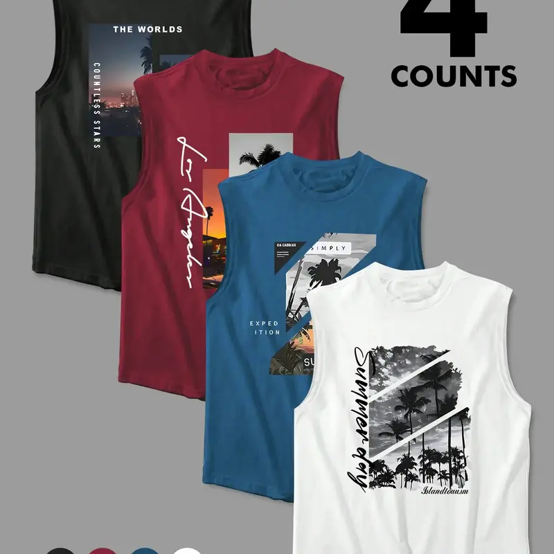 Men's Comfortable Casual Stylish Tropical Sleeveless Fitted Tank Tops, Beach-Ready, Perfect for Daily Wear, Versatile Design, Ideal for Summer, Fashionable and Practical, Sleeveless Tanks