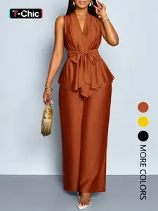Women's All Seasons Casual Elegance Basic Fitted Two-Piece Set - Solid-Color Belted V-Neck Sleeveless Shirt & Wide-Leg Trousers
