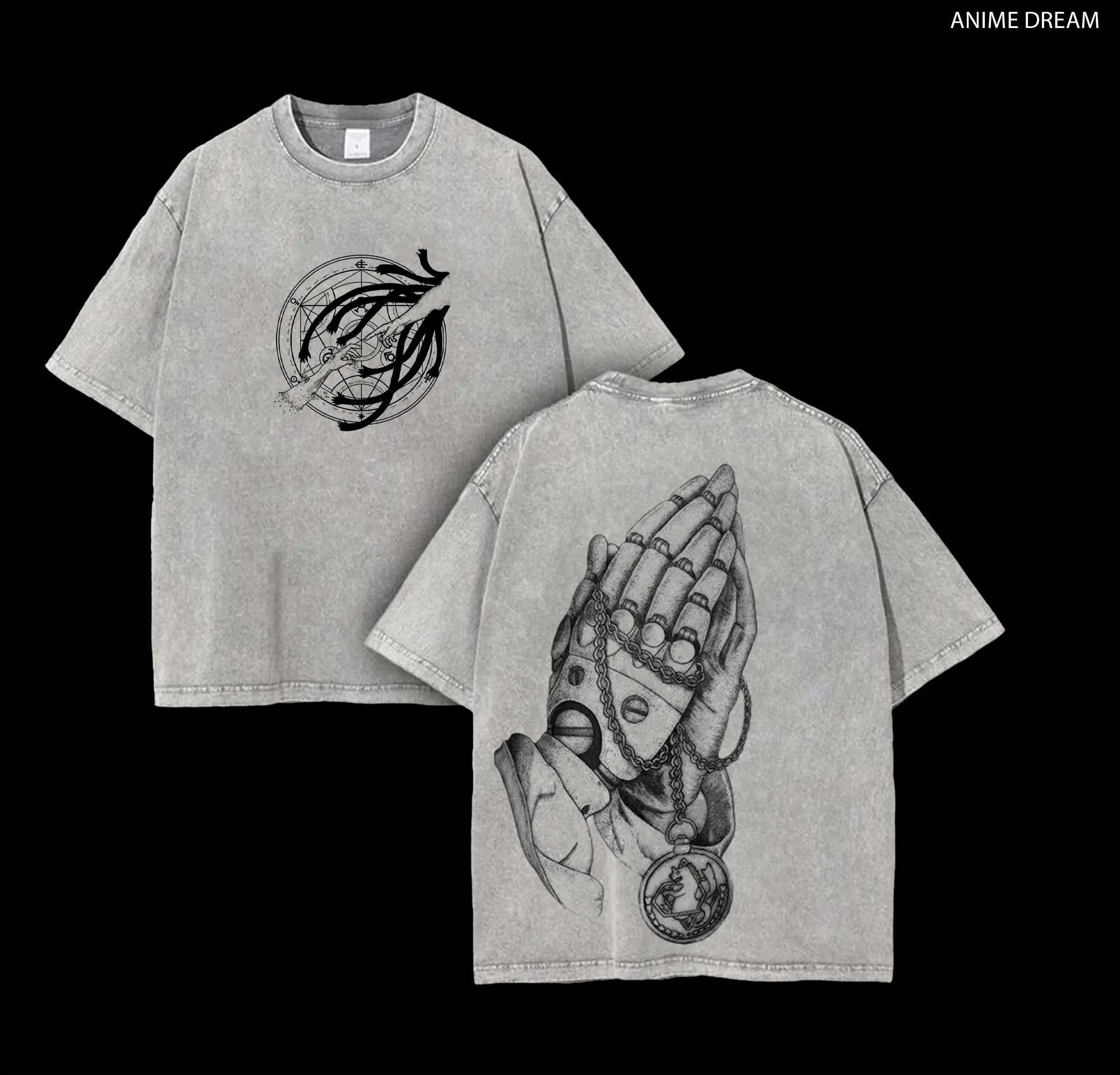 Fullmetal Alchemist Anime Double Printed Vintage Washed Tee Unisex Oversize Anime Manga Washed Heavyweight Cotton T-shirt