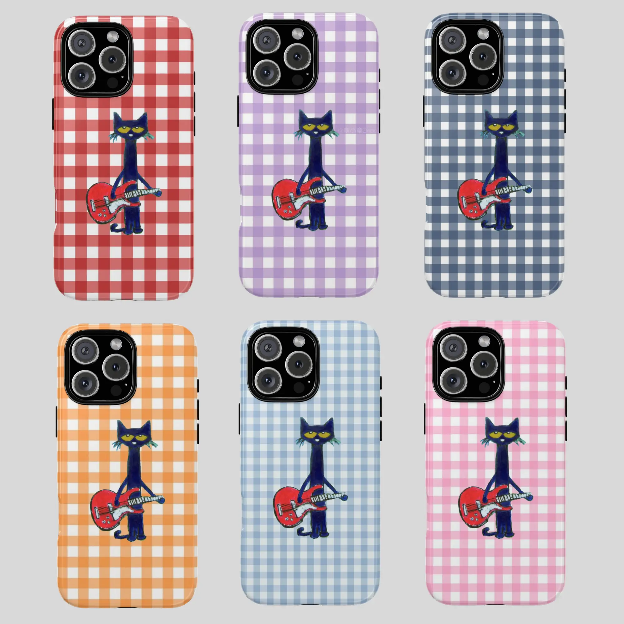Pete the Cat Gingham Guitar Cellphone Case - Slim, Lightweight Patterned UV Printing Cover, Durable Polycarbonate Shell, Shockproof Shock Absorbent Protection for iPhone & Android Devices, Smartphone Accessory