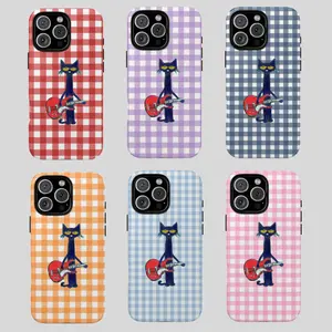 Petee the Cat Gingham Guitar Phone Case - Cute Checkered Cartoon Cellphone Casing, Shockproof Protection for iPhone and Android, Smartphone Accessories