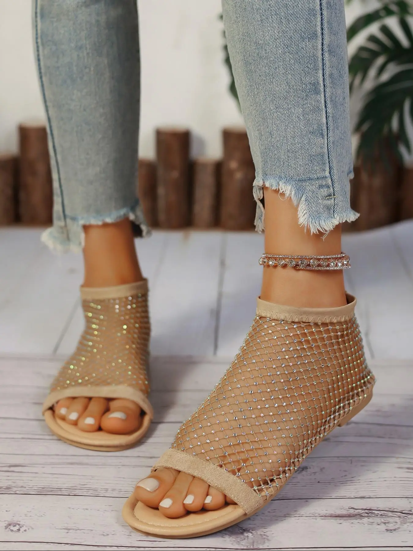 Women's Round Toe Mesh Sandals with Rhinestones, Spring Summer New Style, Large Size Fairy Wind Fishnet Colorful Water Drill Shoes, Glitter Decorated Sandals, Fashionable Glitter Sandals