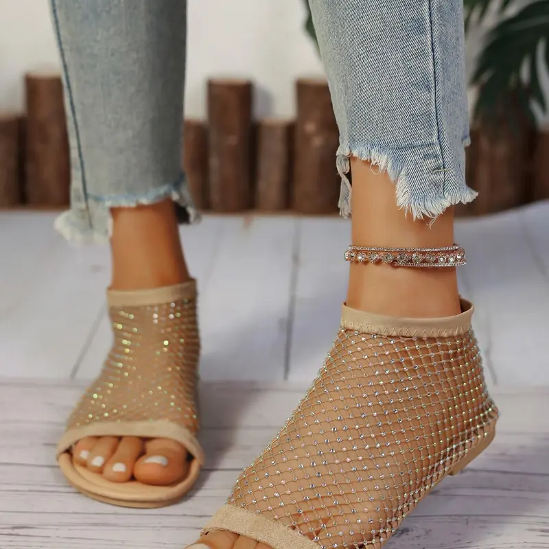 Women's Round Toe Mesh Sandals with Rhinestones, Spring Summer New Style, Large Size Fairy Wind Fishnet Colorful Water Drill Shoes, Glitter Decorated Sandals, Fashionable Glitter Sandals