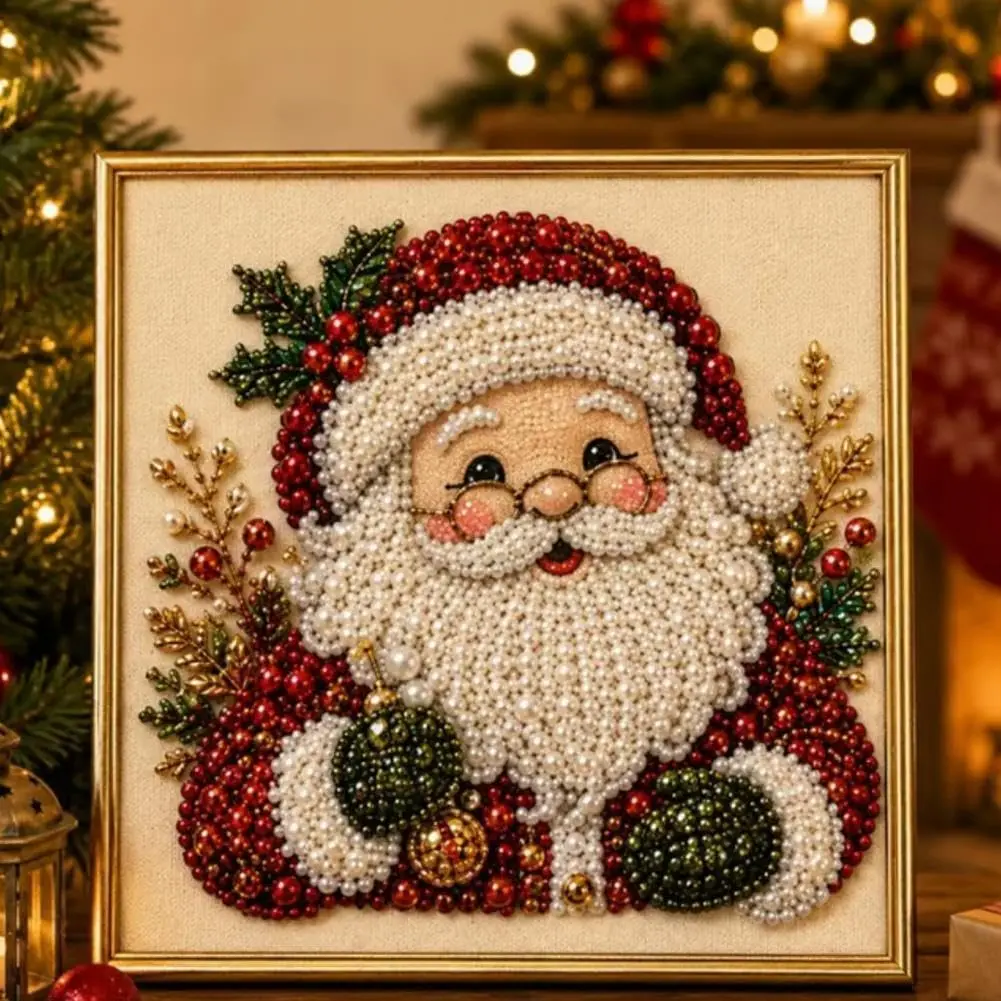 Frameless 3D Beaded Christmas Pearl Diamond Painting, Xmas Wreath Stocking Mosaic Art, Stress Relief DIY Home Wall Decoration